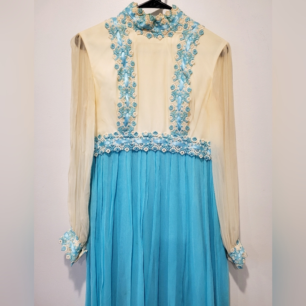 Vintage 1970s blue and ivory tulle embroidered floral maxi dress gown - Picture 3 of 14